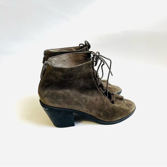 Eileen Fisher Taupe Suede Leather Lace Up Open Toes Block Heel Bootie 8.5 - Picture 4 of 8